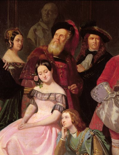 أعضاء الكوميديا الفرنسية ، LR: Mlle Noblet ، Mlle Plessis ، Joanny (1775-1849) في زي Hernani ، Mlle Anais ، Perrier ، في عام 1840 (تفاصيل 163165) بواسطة إدموند إيمي فلورنتين جيفروي